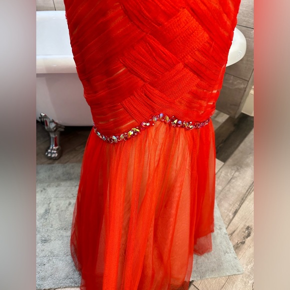 Like New La Femme Orange Sexy Red Strapless Rhinestone Gauze Chic Dress 2 - Picture 14 of 16
